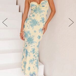 Billy J Floral Yellow and Blue Midi Dress